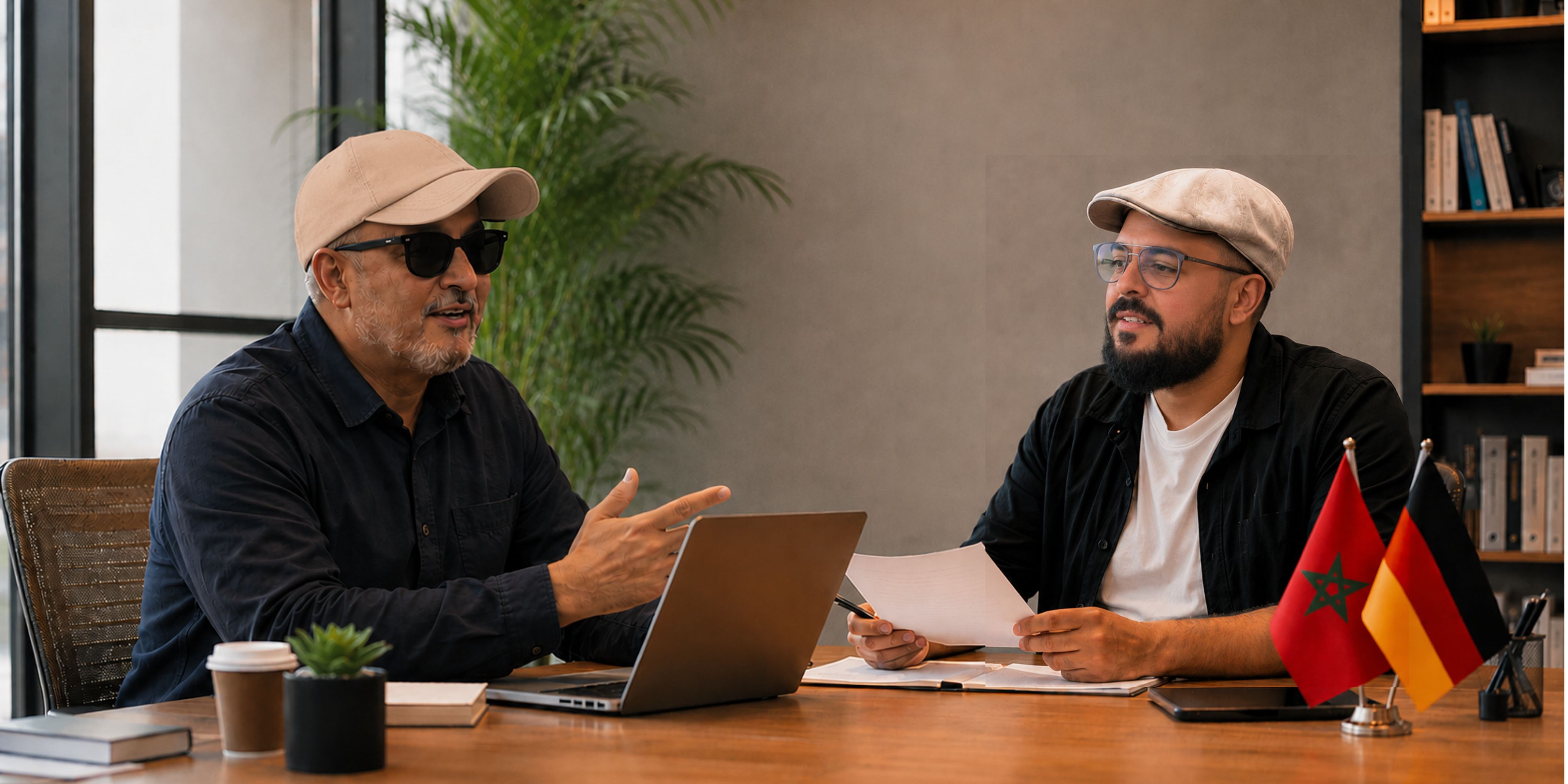 Two men in a calm consultation at a desk with Moroccan and German flags, discussing paperwork in a professional office setting